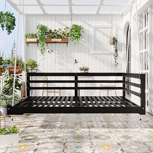 Miniatura 10 de Banco de columpio colgante de mimbre con cojín extraíble y 2 almohadas, cadenas, ratán de polietileno para 2 personas, columpio colgante de porche