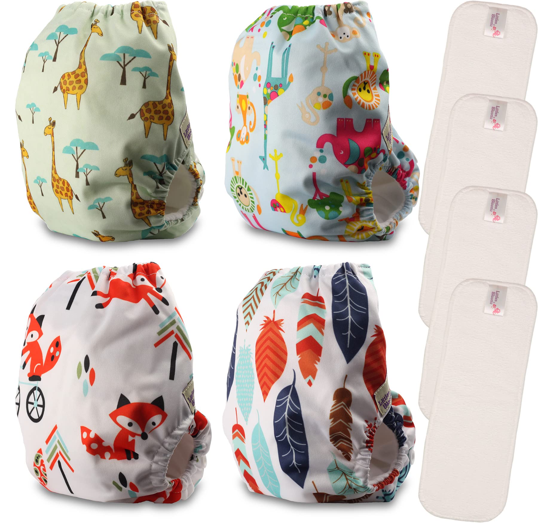 Littles & Bloomz Wiederverwendbare Windeln für Neugeborene und Frühgeborene, 4 Windeln, 4 Mikrofaser-Einsätze, NB-403MF4