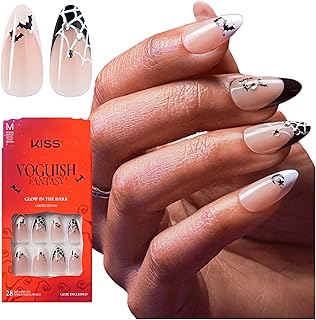 KISS Voguish Fantasy Halloween Press On Nails Almond, ‘Witch Out’, Black and White, Medium Length, Glow In The Dark, Jewel Stones, Pink Gel Nail Glue (2g), 28 Fake Nails