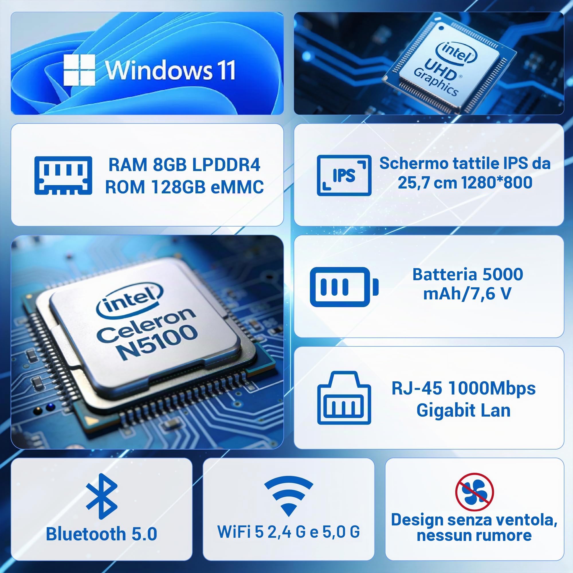 Mini Computer Desktop PC-HEIGAOLAPC 10,1" Mini PC Computer Senza Ventola con Schermo Tattile, N5100, Win 11 Pro, 8GB RAM, 128GB ROM, Batteria 5000mAh, Display 4K HDMI & Tipo C, USB3,0, RS232, RJ45 Lan