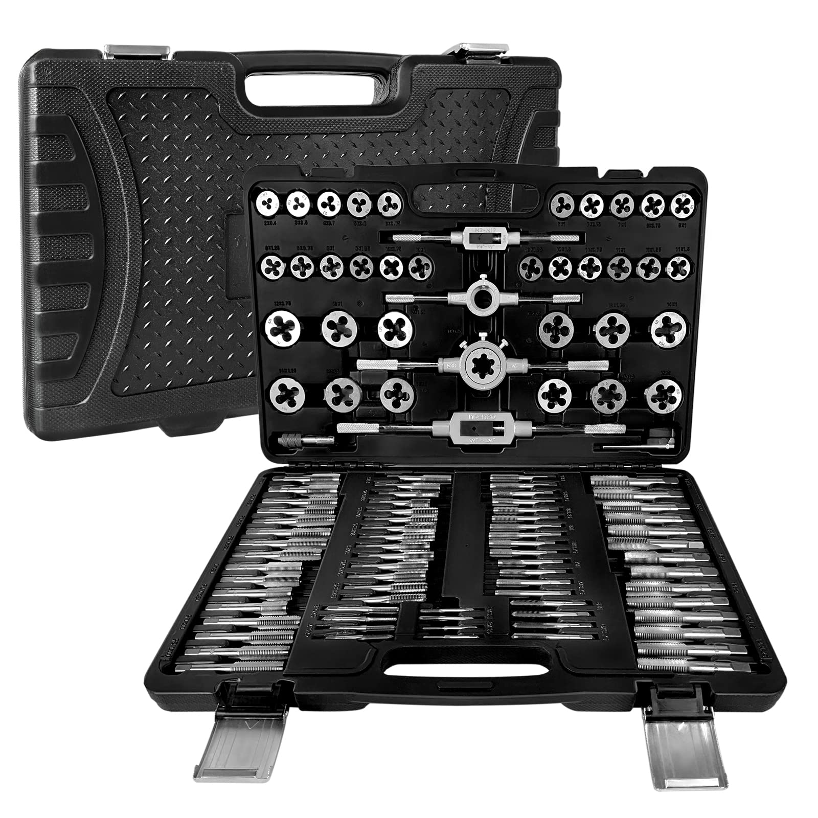 YUENFONG Set di 110 maschi filettati M2-M18, specifico per filettatura metrica interna ed esterna, filettatura fine, con valigetta in plastica