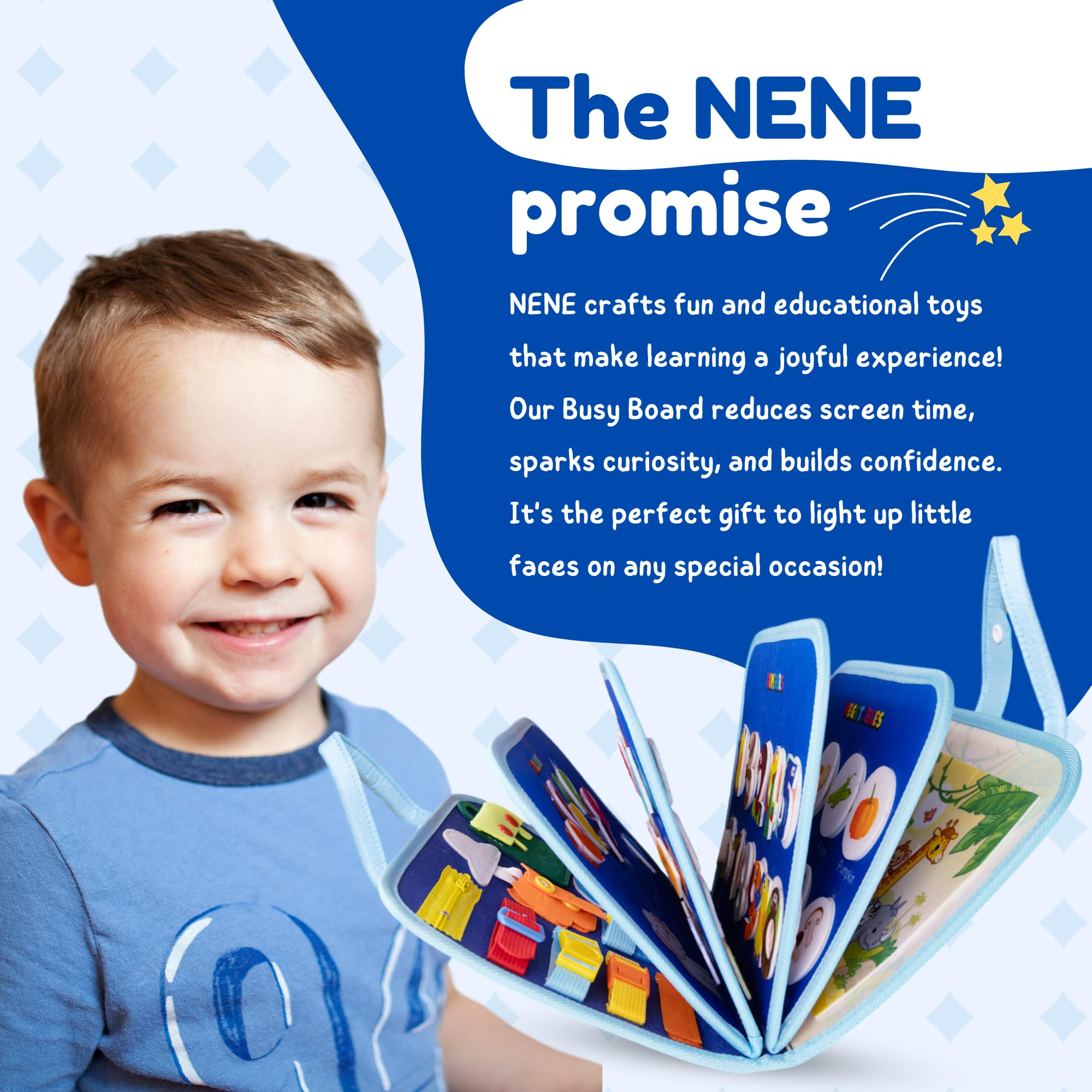 Nene Busy Board Montessori (Version Anglaise) - Jouet éducatif sensoriel pour Enfants 3-6 Ans - Planche d'Activités - Couleurs, Formes, Alphabet, Chiffres, Puzzles - Motricité Fine et créativité