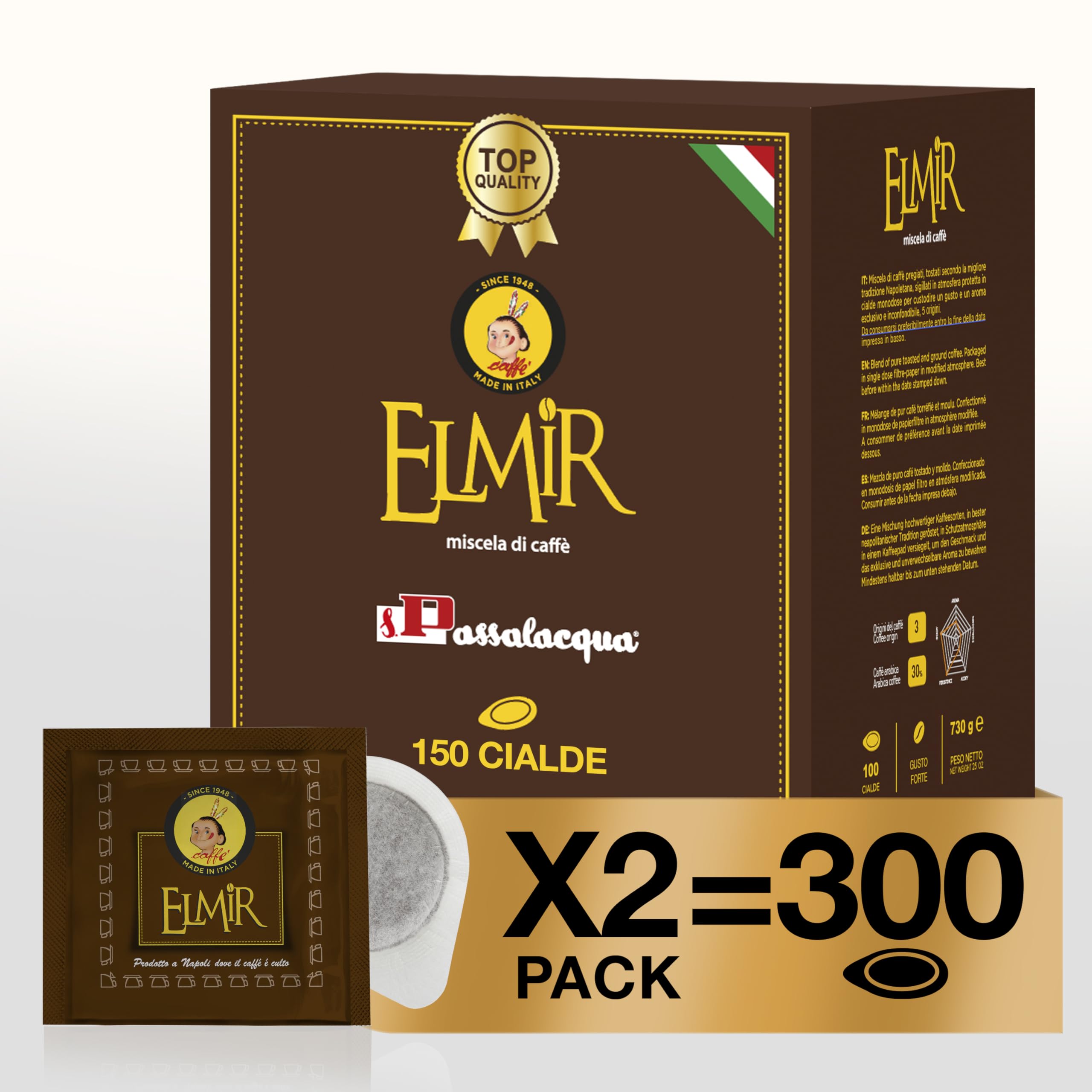 Passalacqua Caffè Premium – Elmir 300 Cialde ESE 44mm (due confezioni da 150) – Tostatura Autentica Napoletana Miscela 30% Arabica – Intenso e Cremoso con Note di Cioccolato – Made in Italy
