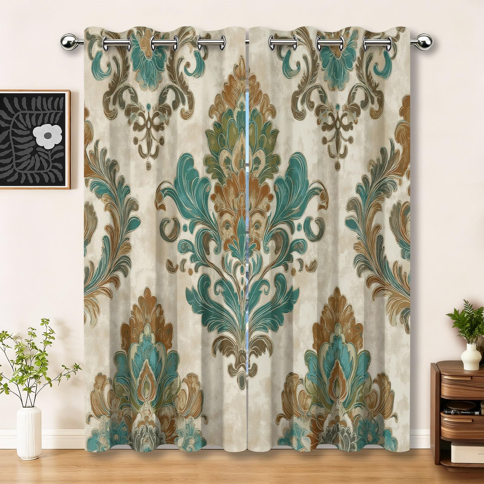 Rideau occultant beige 140x260 cm lot de 2 avec imprimé fleurs damas de style ethnique