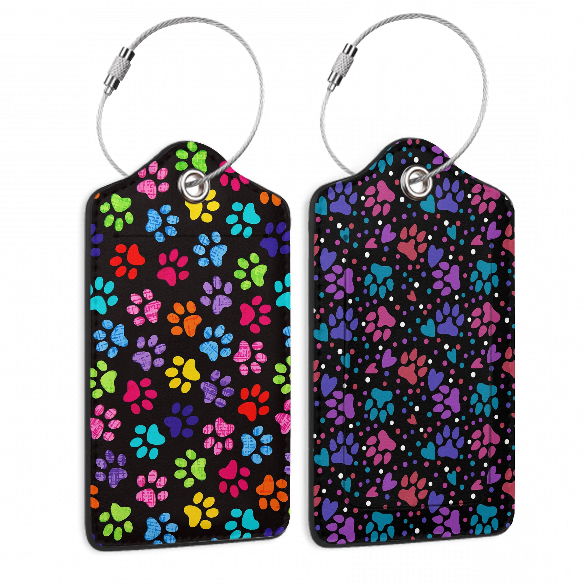 Set of 2 Luggage Tags for Suitcases, Colourful Cat Paw Leather Suitcase Tag Name Identifiers Labels for Travel Bag Baggage Backpack