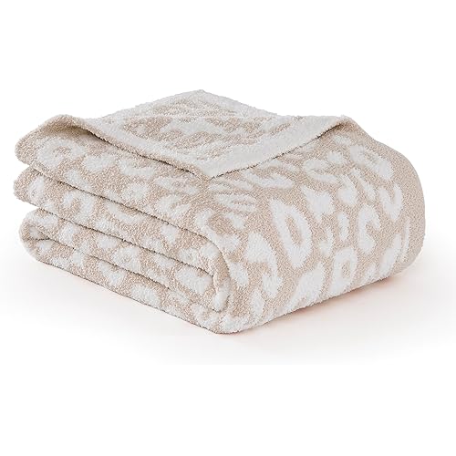 R.SHARE Beige Leopard Cheetah Print Throw Blanket 50x70 Inch Reversible, Super Soft Feather Knit Microfiber Comfy Cozy Lightweight Fluffy Fuzzy Warm Cute for Couch Sofa Chair Bed