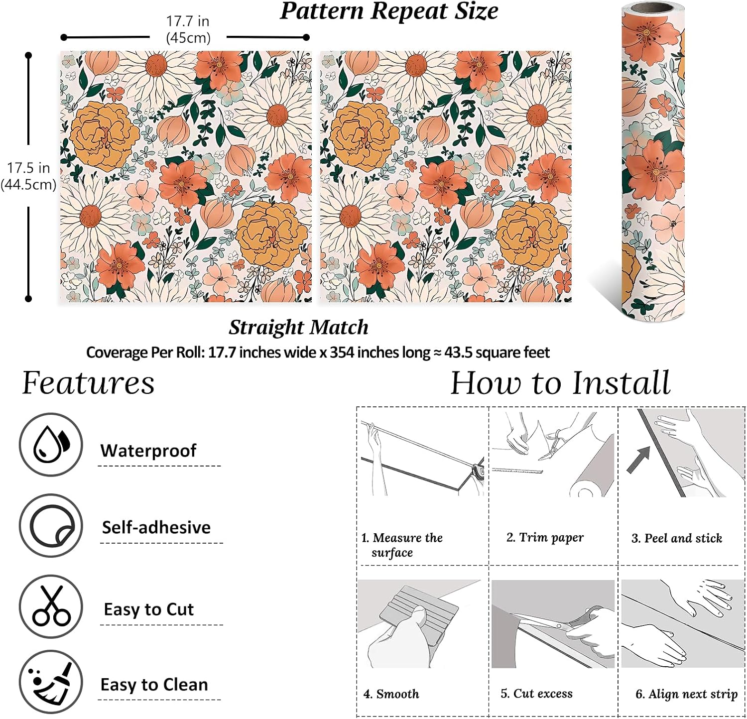 VEELIKE Boho Floral Wallpaper Vintage Floral Peel and Stick Wallpaper for Bathroom Nursery Bedroom Walls 17.7''x354'' Renter Friendly Removable Flower Wall Mural Contact Paper for Cabinets Shelves