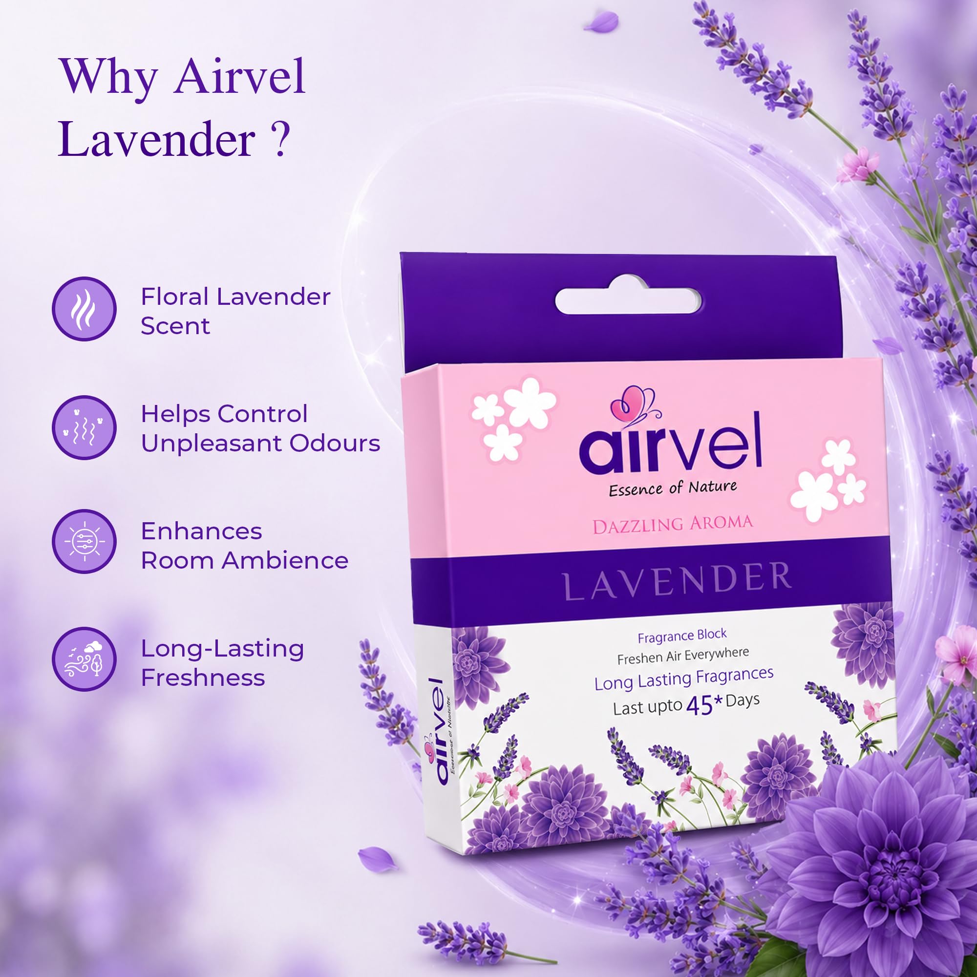 Airvel Lusty Lavender Fragrance Block | Non-Toxic, Safe | Long-Lasting Freshness | Up to 45 Days Pack of 5 (75g Each) 2