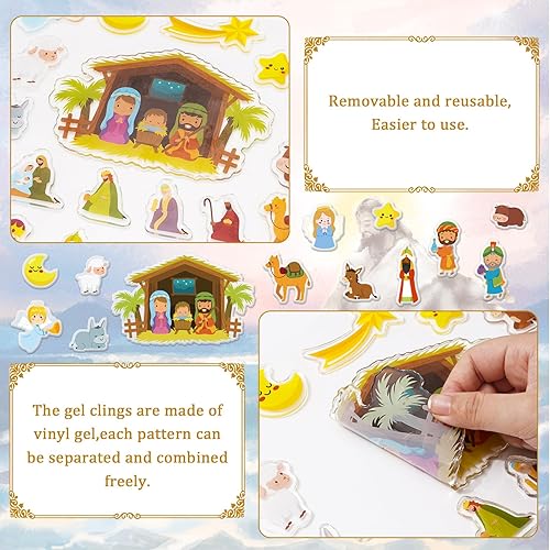 Miniatura 6 de Whaline 50 calcomanías de gel grueso de Navidad con dibujos animados para ventana de Navidad, calcomanías extraíbles para ventana de nacimiento de