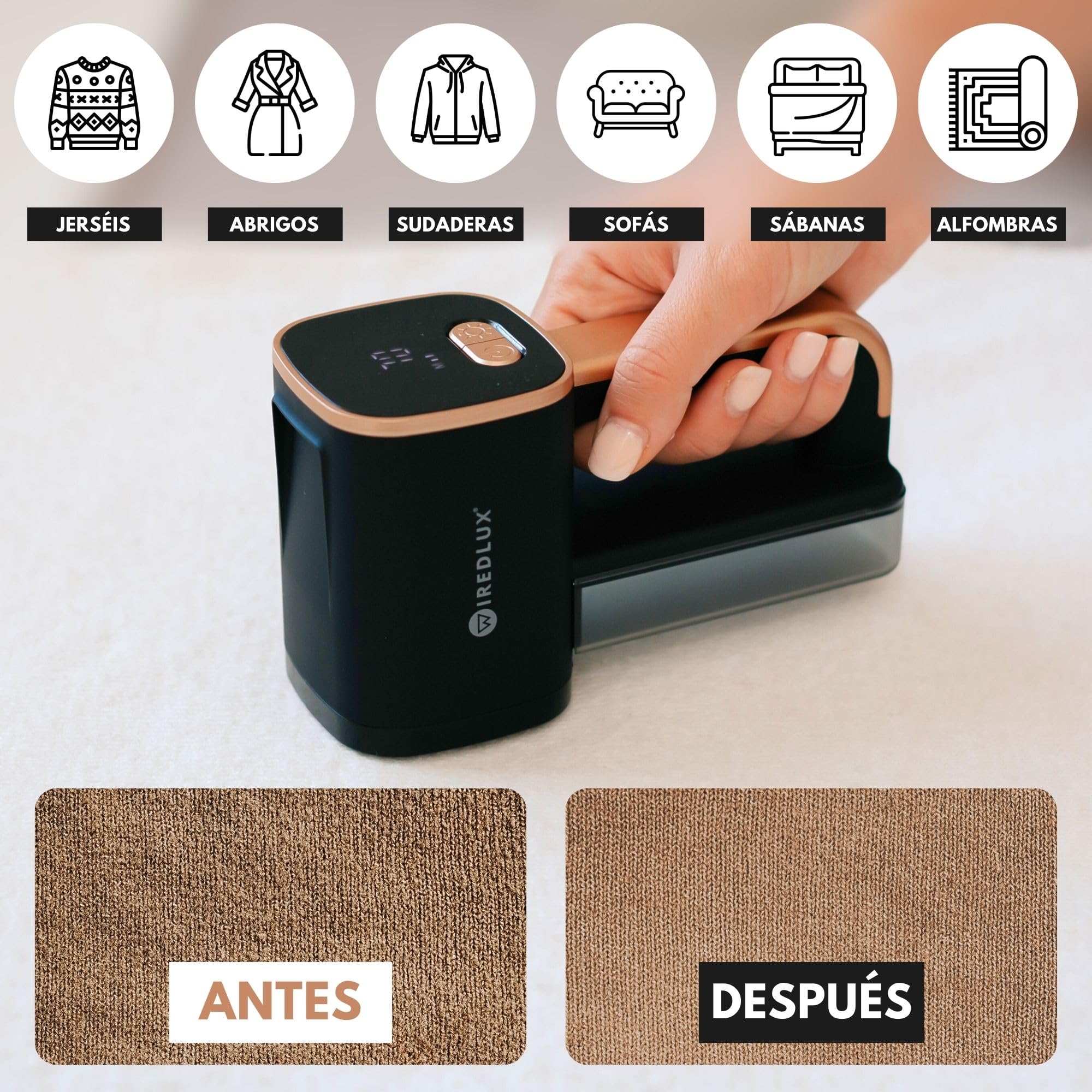 Quitapelusas Eléctrico - Quita Pelusas Recargable para Ropa y Muebles - Luz LED, 3 Velocidades, Cuchilla de 6 Hojas, Carga por USB - Quita Bolitas de Pelusa con Doble Protección