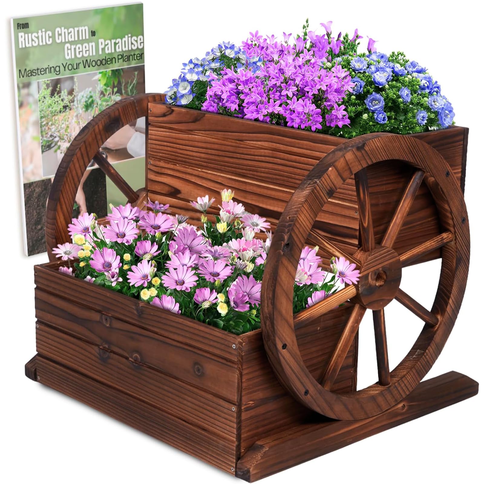 Watbick Wood Wagon Planter Box, Garden Planter with Wheels, Decorative Planter for Flowers Herbs Vegetables for Indoor & Outdoor DÃ©cor, Wagon Wheel Decor for Patio Garden Balcony