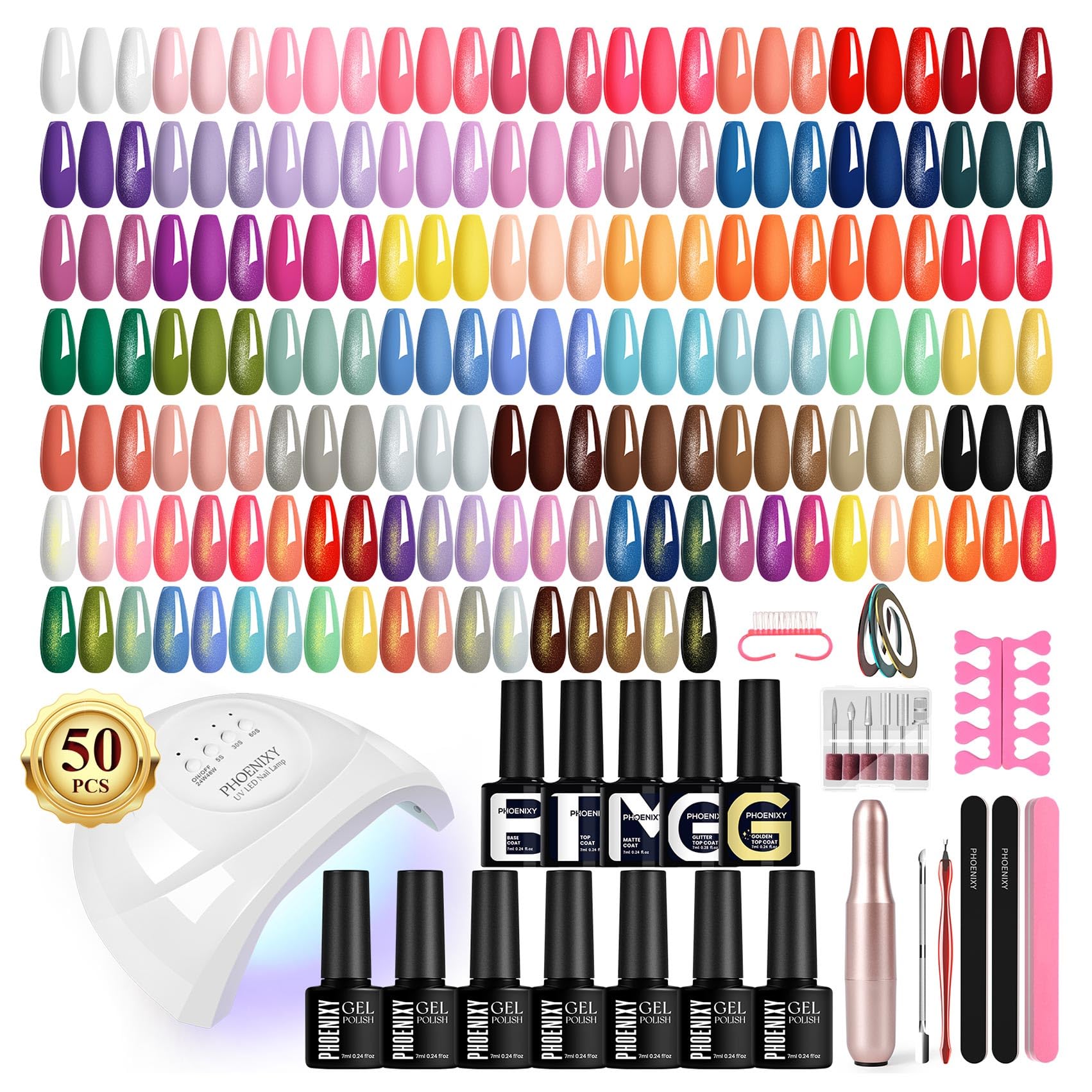 PHOENIXY 66Pz Kit Unghie Gel Completocon Lampada UV e Fresa | 45 Colori Smalto Semipermanente Unghie, kit semipermanente unghie con 4 Top Coats Regalo per Donne
