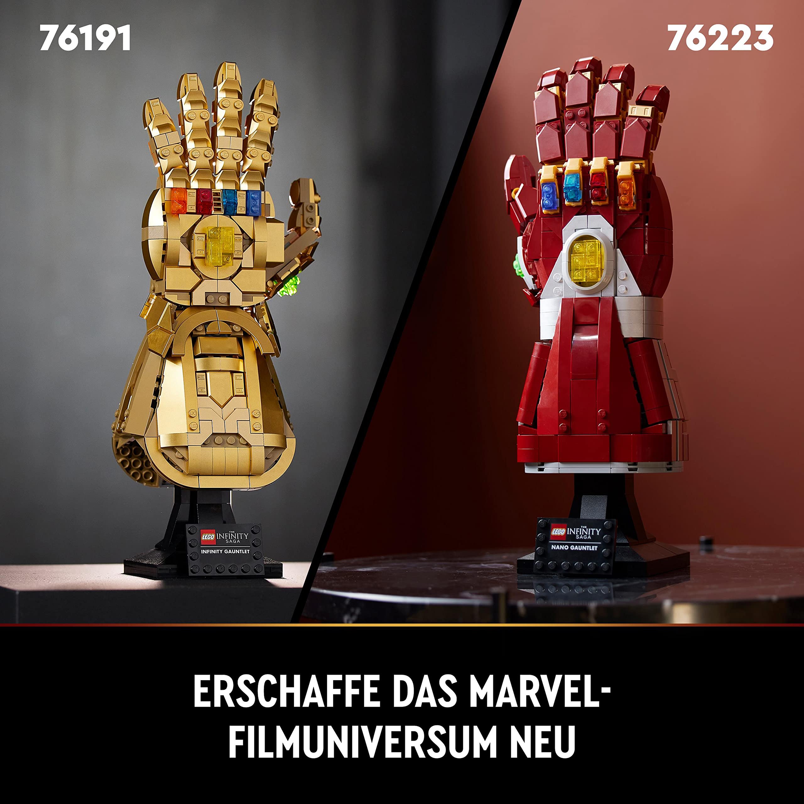 LEGO Marvel Iron Mans Nano Handschuh, Baubares Iron Man-Modell mit Infinity-Steinen aus leuchtende Bausteinen, inspiriert von „Avengers: Endgame“, Sammlerstück für Erwachsene 76223