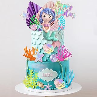 20 PCS Mermaid Cake Toppers with 3D Mermaid Seaweed Folding Fans Shell Starfish Cake Decoration for Kids Girls Birthday Party Baby Shower Supplies (STYLE1)
