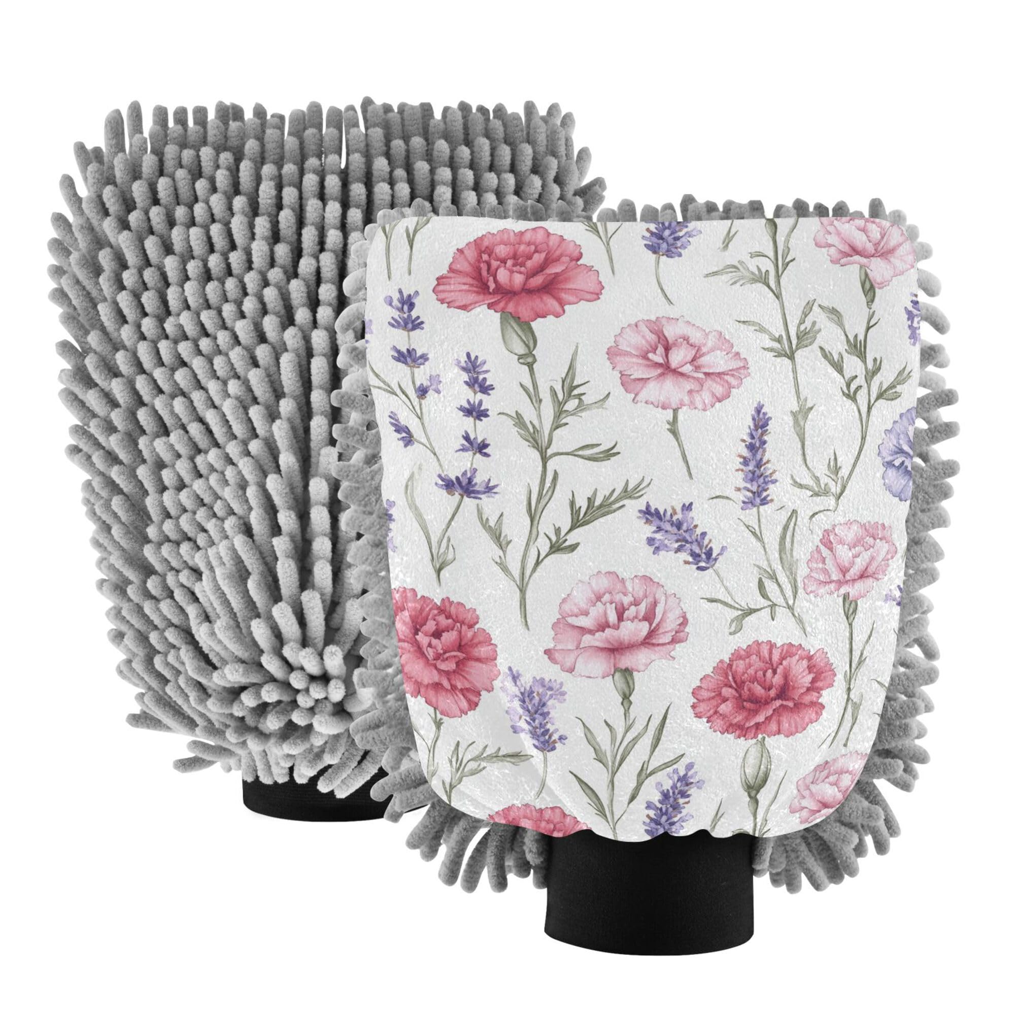 Flowers Carnation Lavender White Car Washing Mitts Microfiber 2 Pack Car Washing Gloves Scratch-Free Washer Sponge for Hand Brush Cleaning