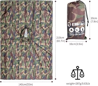 ElifeAcc Waterproof Adult Rain Poncho–Lightweight Packable Cape for Hiking&Festivals Reusable Military Camo Tarp Usable as Emergency Shelter Ground Sheet
