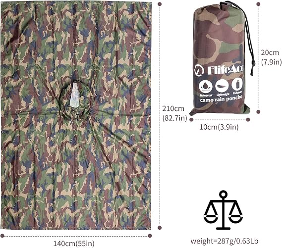 ElifeAcc Waterproof Adult Rain Poncho–Lightweight Packable Cape for Hiking&Festivals Reusable Military Camo Tarp Usable as Emergency Shelter Ground Sheet