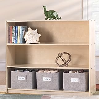 Guidecraft EdQ Three Shelf Open Storage Natural with 3 Fabric Bins: Wooden Kids Bookcases and Toy Storage Organizer; Homeschool and Classroom Furniture
