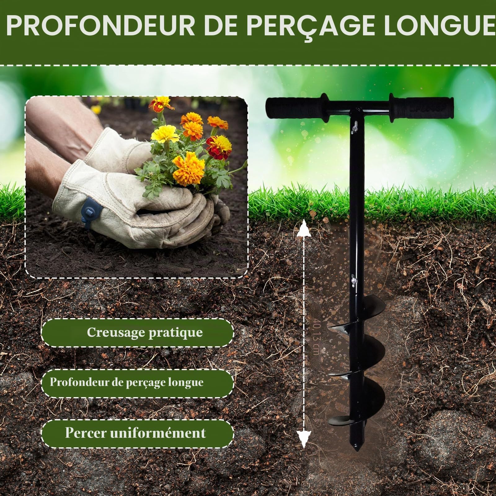 Tel Charme - Tarière de jardin pour perceuse manuelle - 10 x 60 cm - Tarière de jardin pour bulbes de fleurs, fleurs, plants, poteaux de clôture pour arbres, boîte aux lettres, outil de creusement