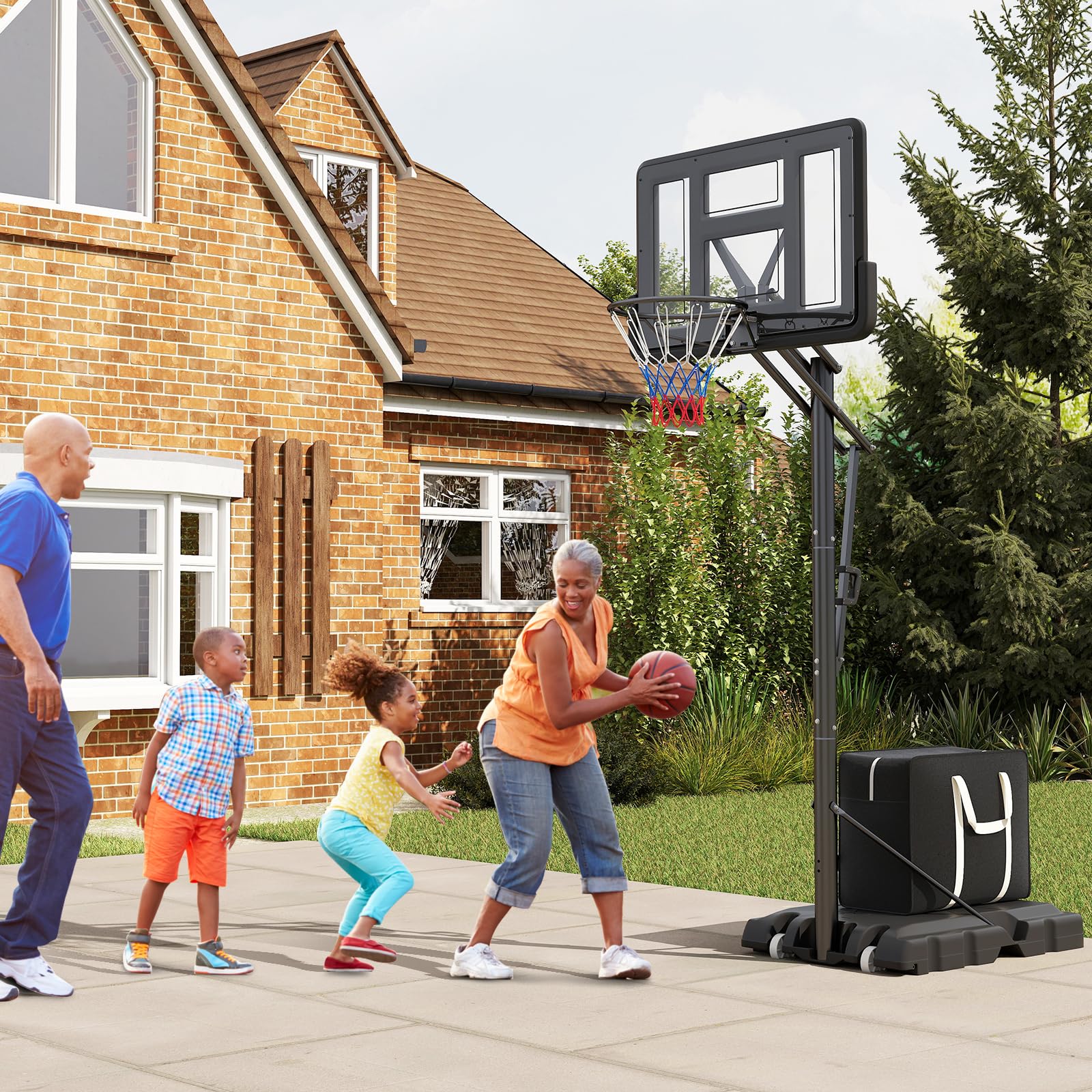 GYMAX Panier Basket Extérieur avec Sac de Poids, Hauteur Réglable 143-305/240-305 cm, pour Enfants Adultes Adolescents, Mobile avec Roues, Base Stable Remplissable