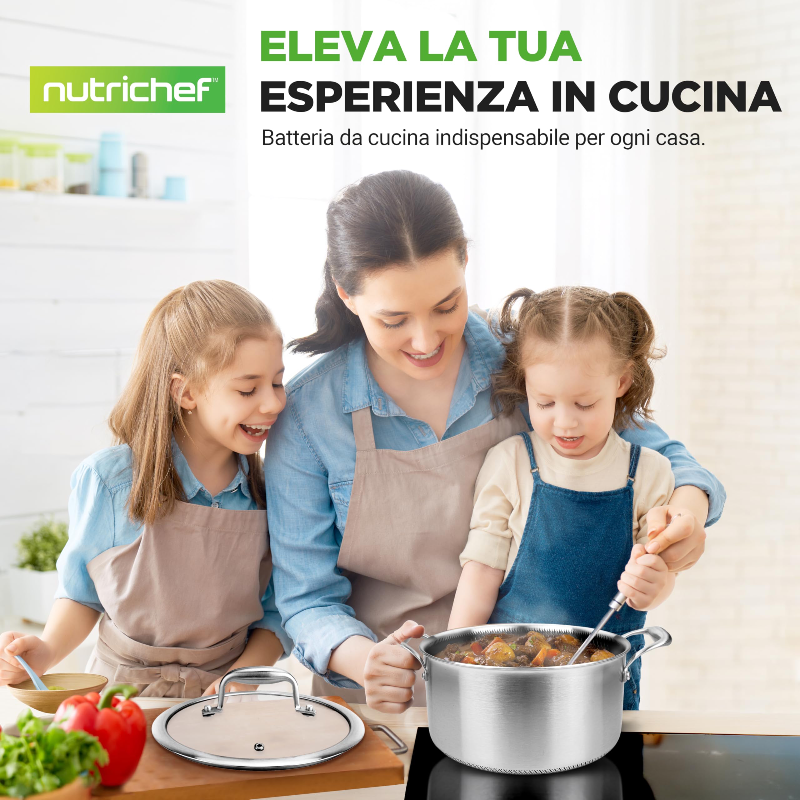 NutriChef Pentola Induzione Acciaio Inox 4,7 Litri con Coperchio in Vetro, Antiaderente Nido d’Ape, Pentola per Pasta, Zuppa e Spezzatino, Resistente ai Graffi