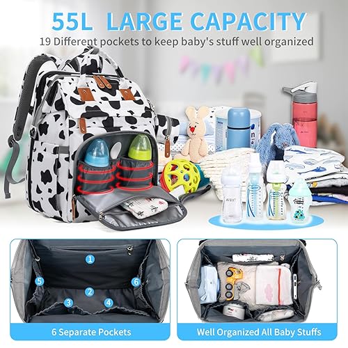 Miniatura 9 de KABAQOO Mochila para pañales, bolsas de pañales grandes para niños y niñas, bolsa de bebé con puerto de carga USB, mochila de viaje impermeable