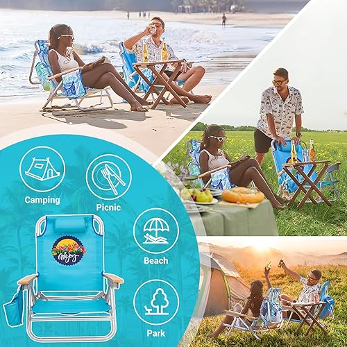 Miniatura 6 de #WEJOY Paquete de 2 sillas de playa de aluminio con 4 posiciones, mochila de playa con reposabrazos de madera, silla reclinable portátil con soporte