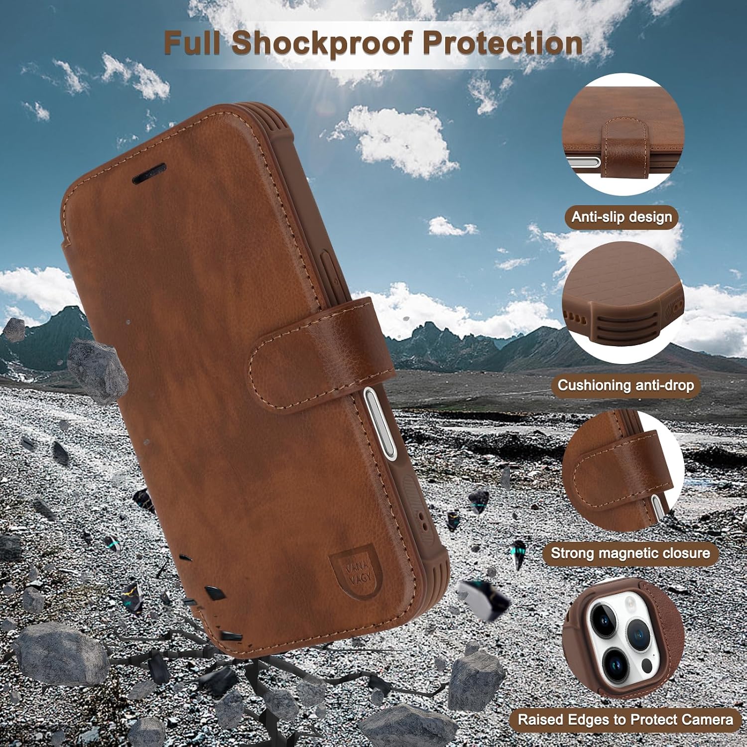 VANAVAGY Compatible for iPhone 16 Pro Max Wallet Case for Magsafe Wireless Charging, PU Leather Flip Case Wrist Strap [Screen Protector & Camera Lens Protector] with RFID Blocking Card Holder,Brown