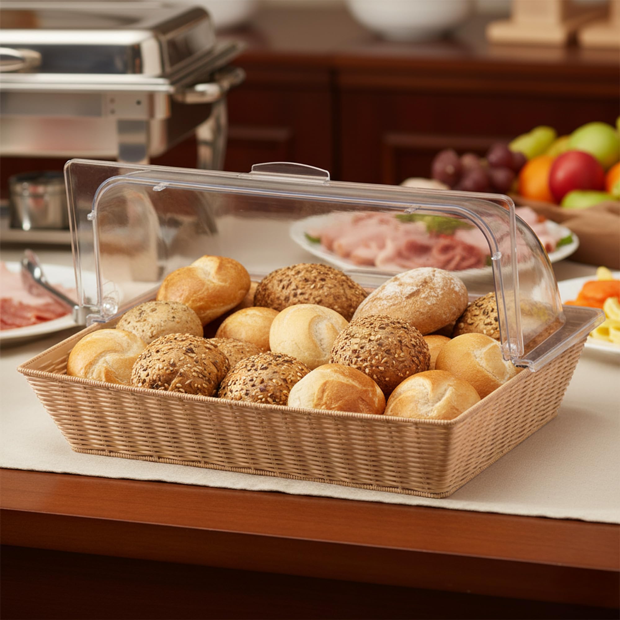 Mahlzeit Rattan koszyk na chleb z pokrywką, pudełko na chleb z okienkiem, pudełko na pieczywo z tworzywa sztucznego, witryna bufetowa, akcesoria bufetowe, pudełko na bułki z pokrywą na kółkach