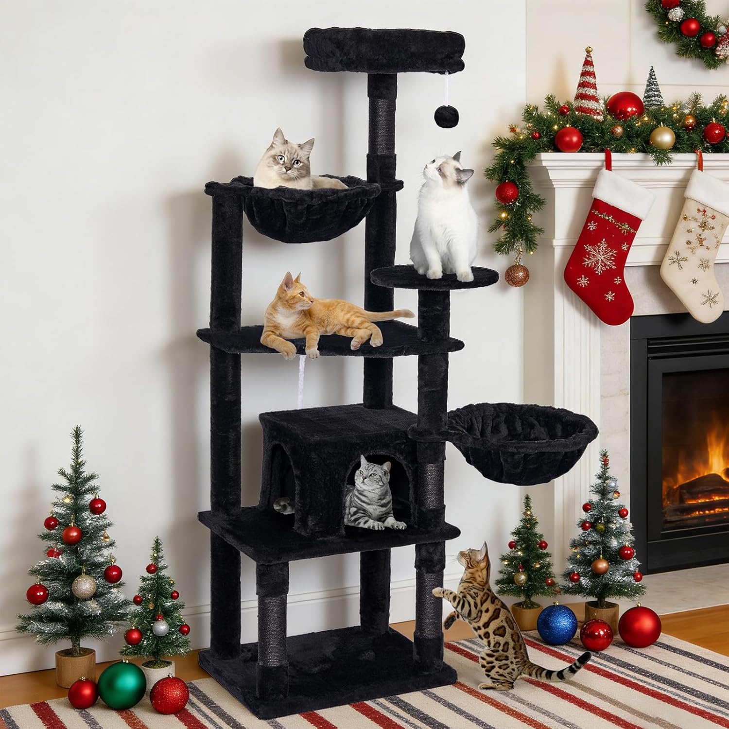 Tall Cat Tree,63in Multi-Level Cat Tower for Indoor Cats Large Adult,Gothic Cat Stand with Scratching Posts,Basket,Condo,Plush Perch,Cats Toys for Climbing,Interactive and Hidden,Black