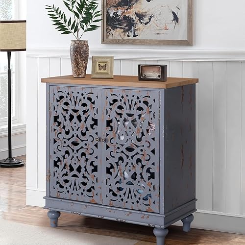 Miniatura 13 de MFSTUDIO Accent - Armario de almacenamiento de madera con 3 puertas, aparador de bufé grande de granja, armario de almacenamiento decorativo tallado