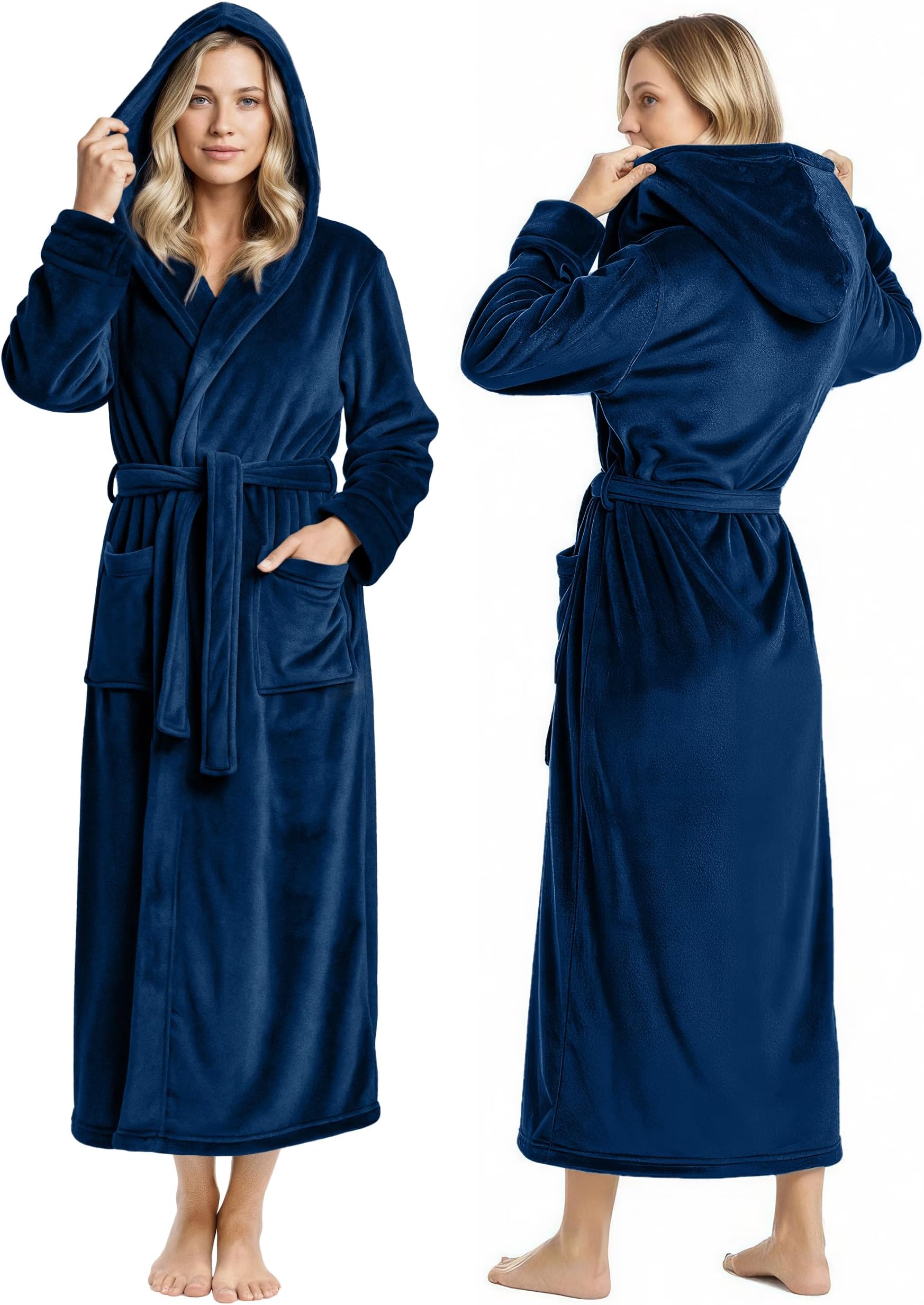 NY Threads Albornoz con capucha de forro polar para mujer, bata larga de felpa, marino, XL