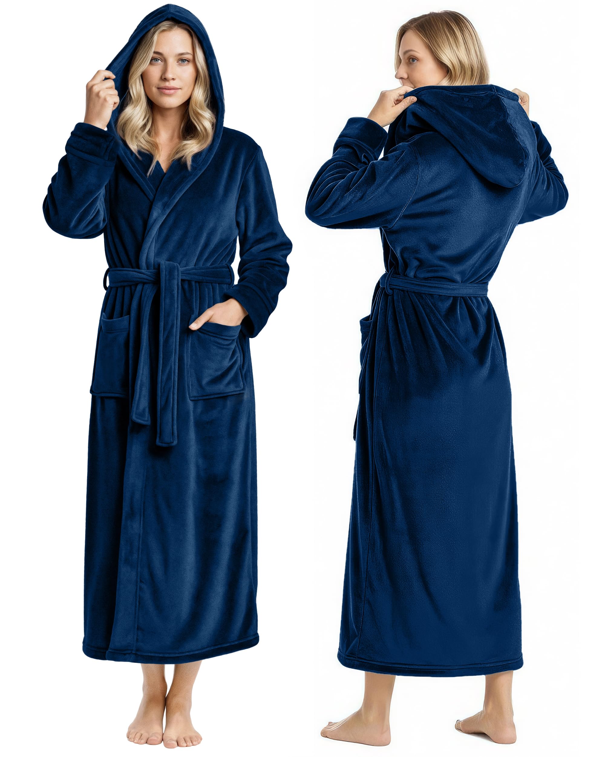 ny threads premium womens robe with hood, plush fleece long bath robe for women, fluffy soft women's bathrobe, large, navy