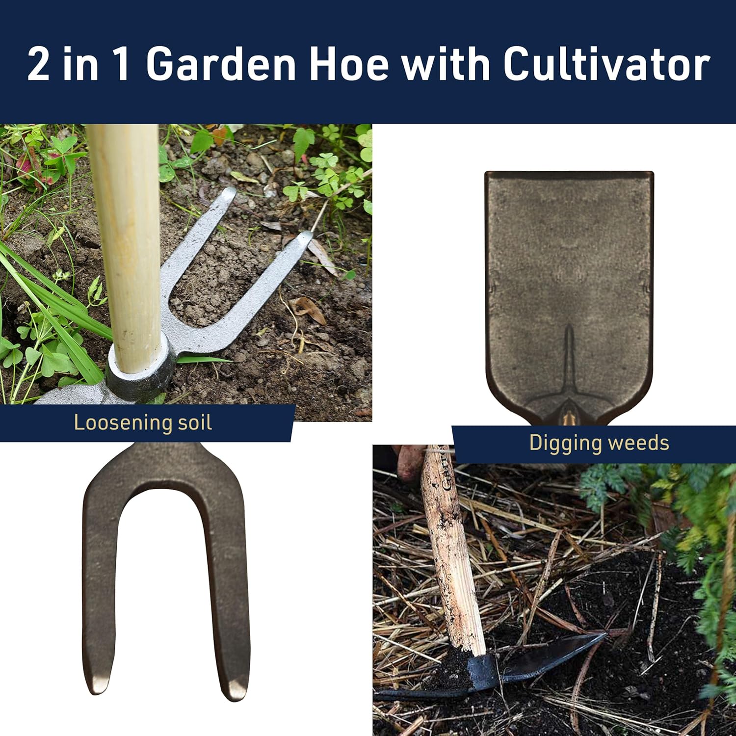 Kings County Tools Hoe Garden Tool - 18” Double-Sided Carbon Steel Garden Hoe and 2-Prong Cultivator - Multipurpose Tiller, Seeding, Planting and Weeding Tool - Hand Gardening Tools