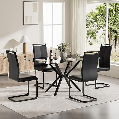 Miniatura 13 de Juego de comedor moderno de 5 piezas de 47 pulgadas, mesa de vidrio templado transparente + 4 sillas de comedor tapizadas de cuero con respaldo alto