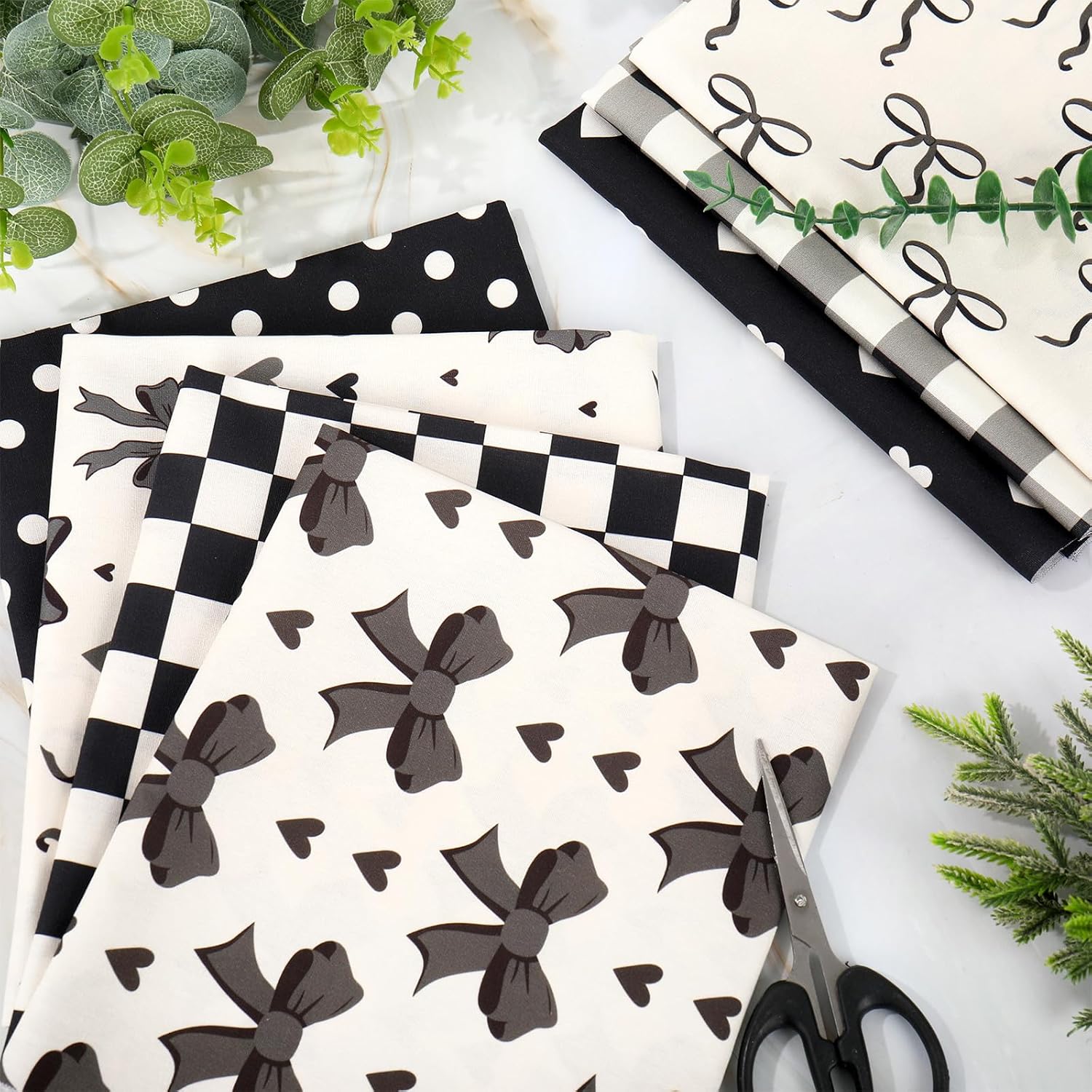 JarThenaAMCS 12Pcs Bow Cotton Fabric Bundles 18 x 22 Inch Plaid Dot Stripe Heart Bow Fat Quarters Black Milky White Sewing Fabrics for Halloween DIY Craft Party Decor