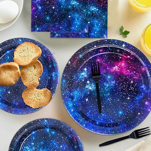 Vista 7 de Space Galaxy Party Supplies - Juego de vajilla para decoración de fiesta de cumpleaños del espacio exterior, noche estrellada, planeta, sistema