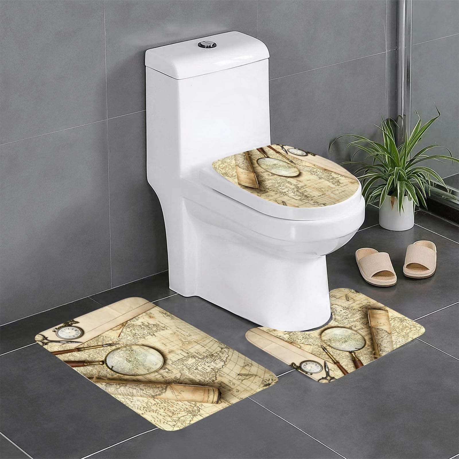 Set di 3 tappetini da Bagno, Lavabili in Lavatrice e Antiscivolo, in Morbida Fibra Superfine, con Mappa del Mondo Vintage e Oggetti retrò.