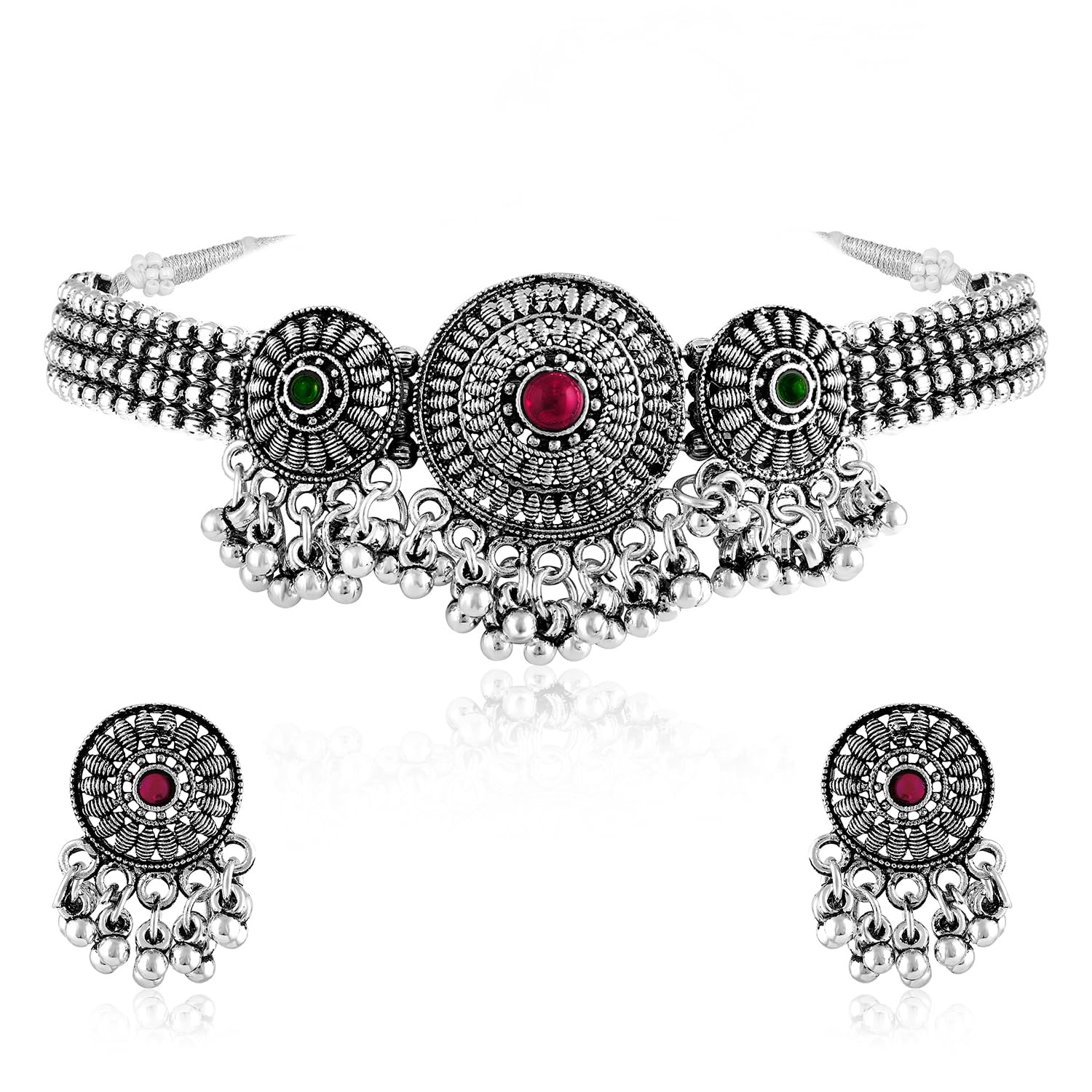 Peora Silver Plated Rani Pink Green Synthetic Stone Studded Necklace Dangle Earrings Oxidized Jewellery Set for Women Girls