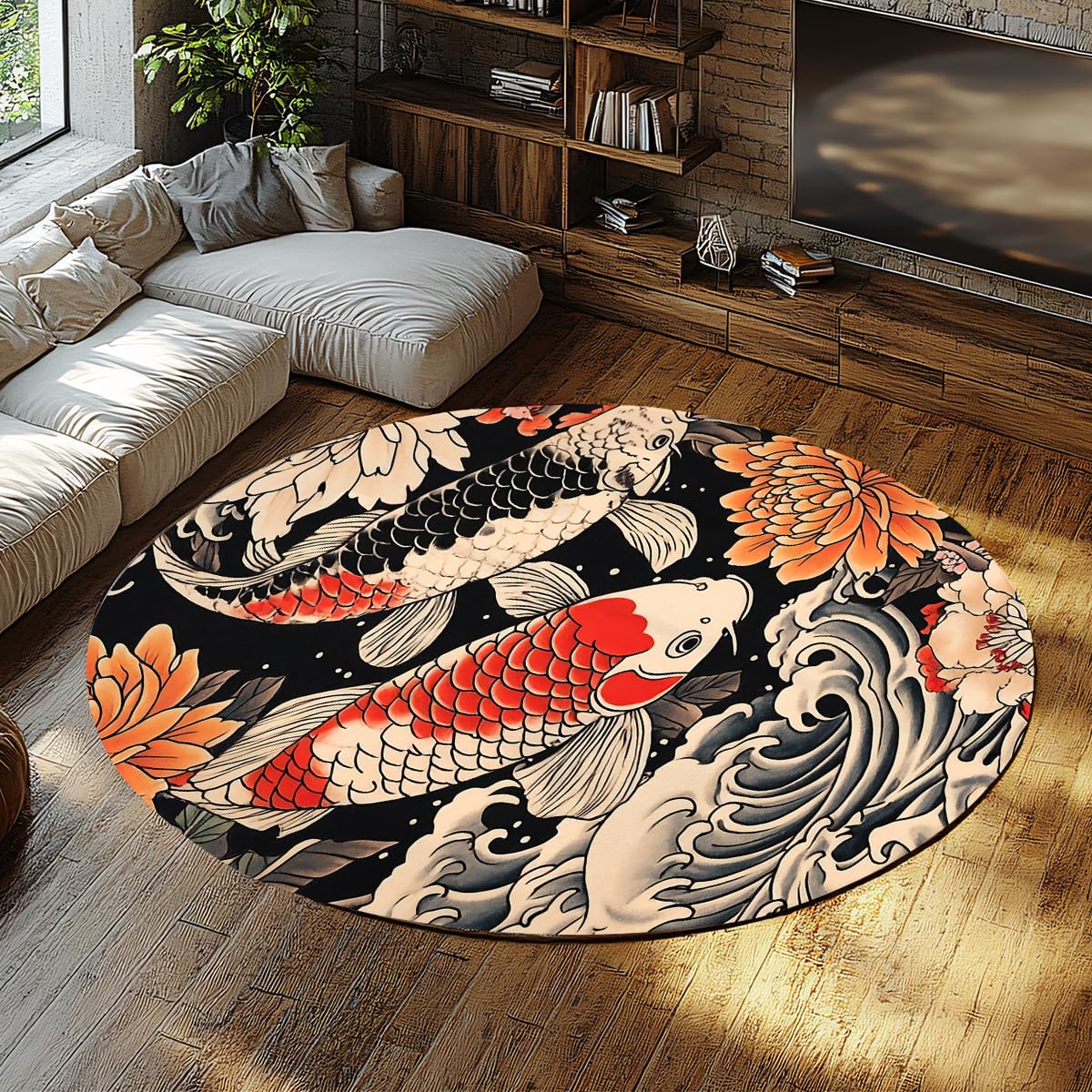 Japoński Koi Ryby Okrągły Dywan 160cm Duży Dywan 160cm Rug