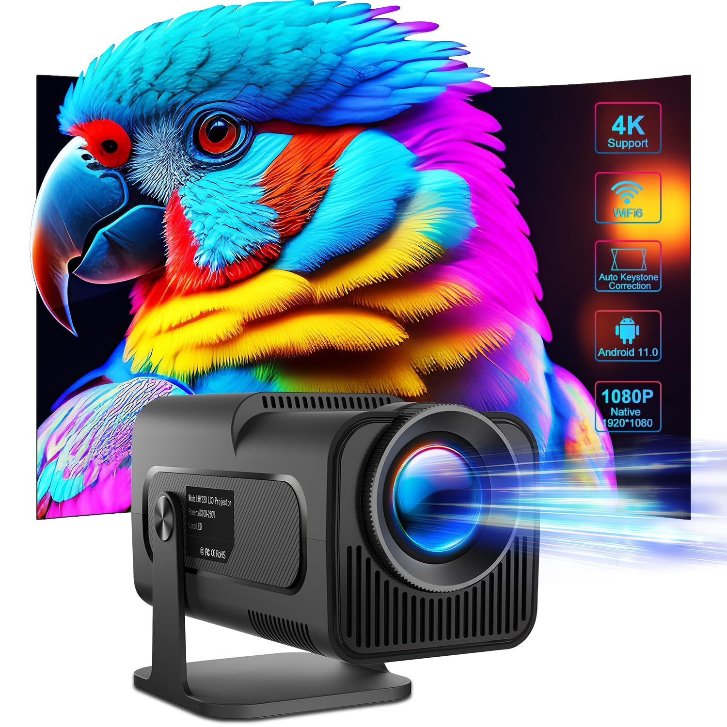 MEGAWISE Full HD 1080P Android 11 Projector Support 4K Outdoor With 390 ANSI 10000 Lumens, 180° Rotating for Cellphone/Notebook/TV Stick, Black (MP10)