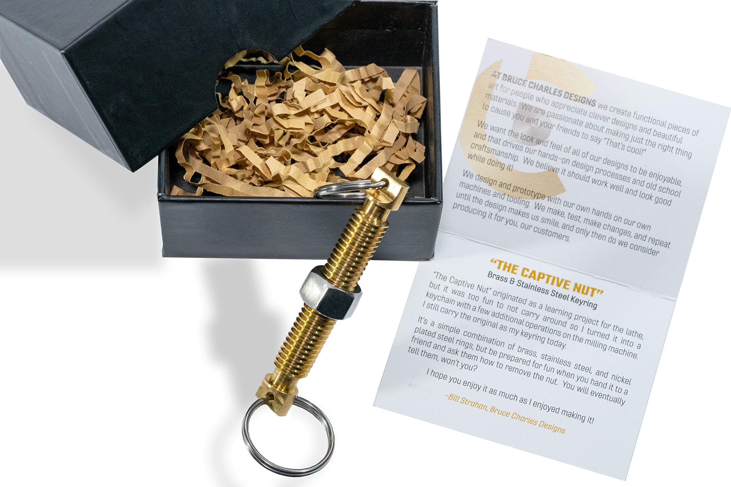 Captive Nut Adult Fidget Toy - EDC Fidget Keychain for Car and House Keys - Brass Stim Toy for ADHD Stress Relief with 2 Detachable Keyrings and Presentation Box for Job Promotion Gift Desk Toy