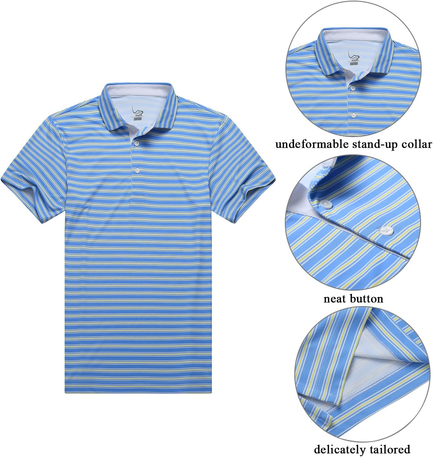 EAGEGOF Men's Performance Polo Shirt Stretch Tech Golf Shirt Short Sleeve Slim Fit Small Sky Blue Yellow Stripe