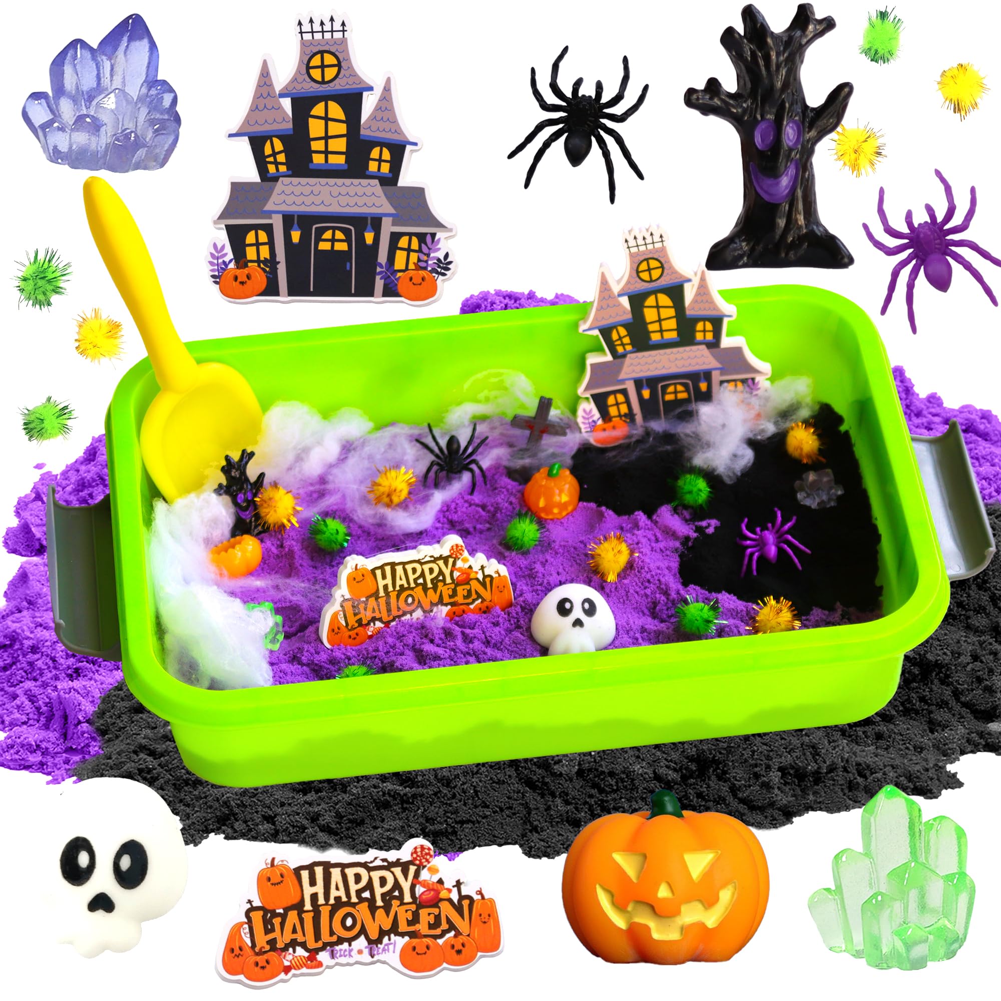 AGENTLAN Halloween Sensory Bin with Sensory Sand — spooky sand kit with storage box, pumpkin, spiders, ghosts and foam haunted house