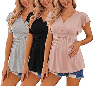 Ekouaer Maternity Shirts 3 Packs Flying Short Sleeve Nursing Tops Pregnancy Clothes Light Grey + Black + Pink L at Amazo