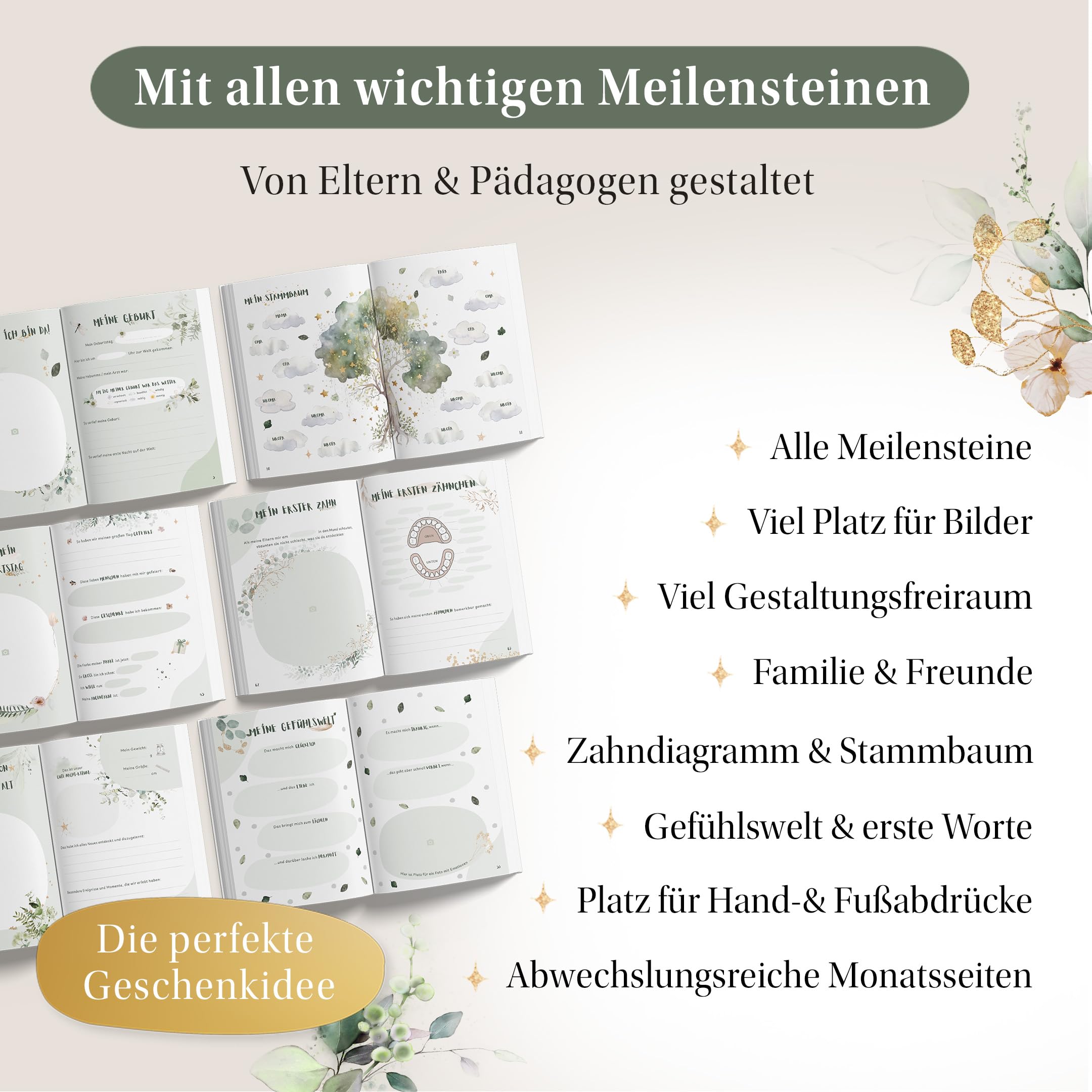 EULENTALER® L'album per neonati, progettato da educatori, con illustrazioni dipinte a mano, il mio primo anno, formato DIN A4, libro dei ricordi neutro