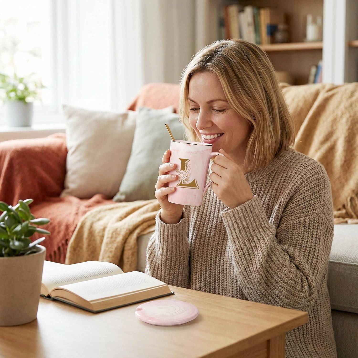 Letter L Personalized Initial Mugs, Letter L Personalized Coffee Mug, Novelty Birthday Mother's day Gifts for Mom Grandma Her Women, Bridal Shower Gifts, 14 OZ Pink with Lid Spoon Gift Box - Image 3