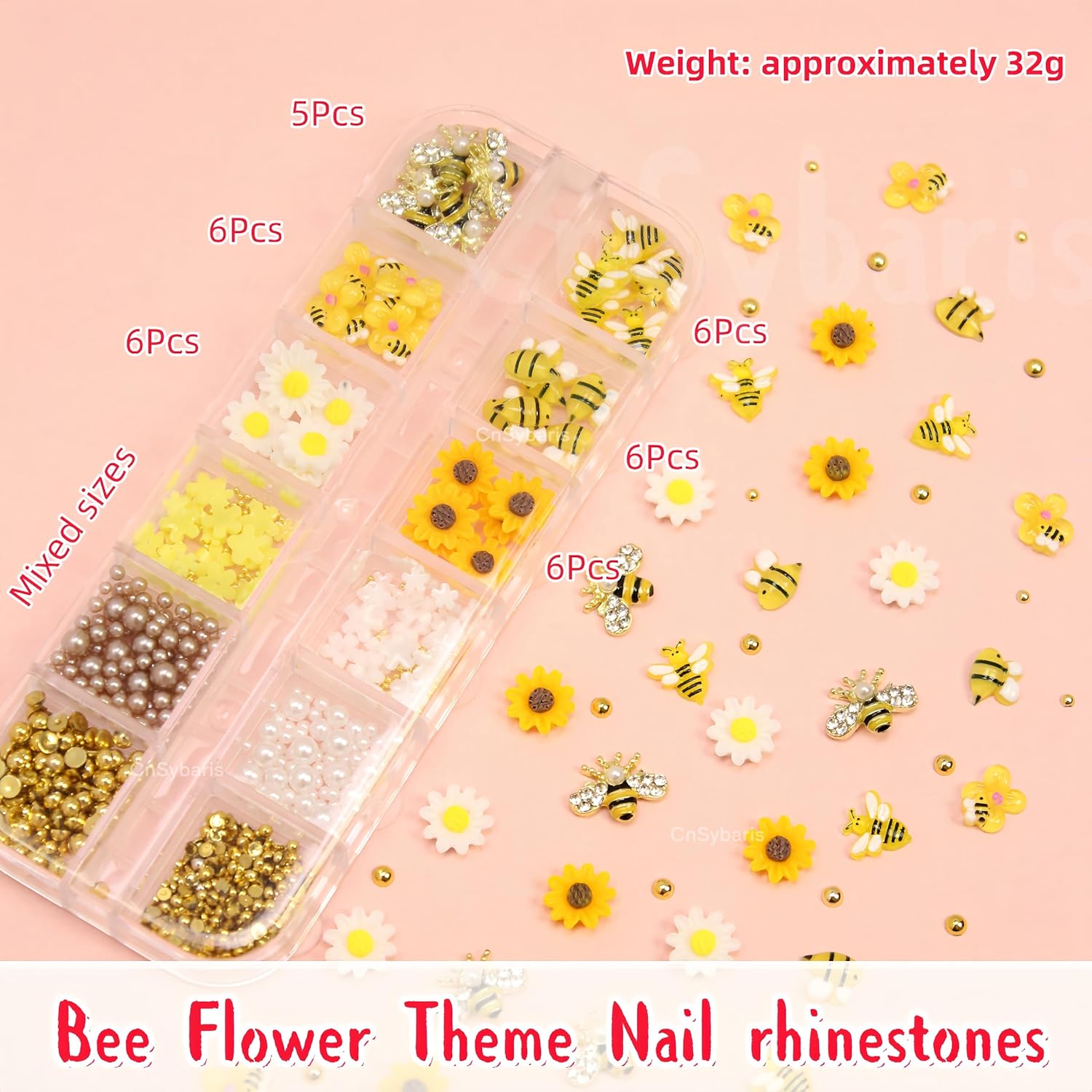 12 Grids Tiny Bee Nail Art Charms Resin Cartoon Daisy Flower Nail Gems 3D Gold Alloy Bees Flat Back Jewelry Charm for Nails Spring Fall Daisy Sunflower Nail Rhinestones for Women DIY Nail Decoration