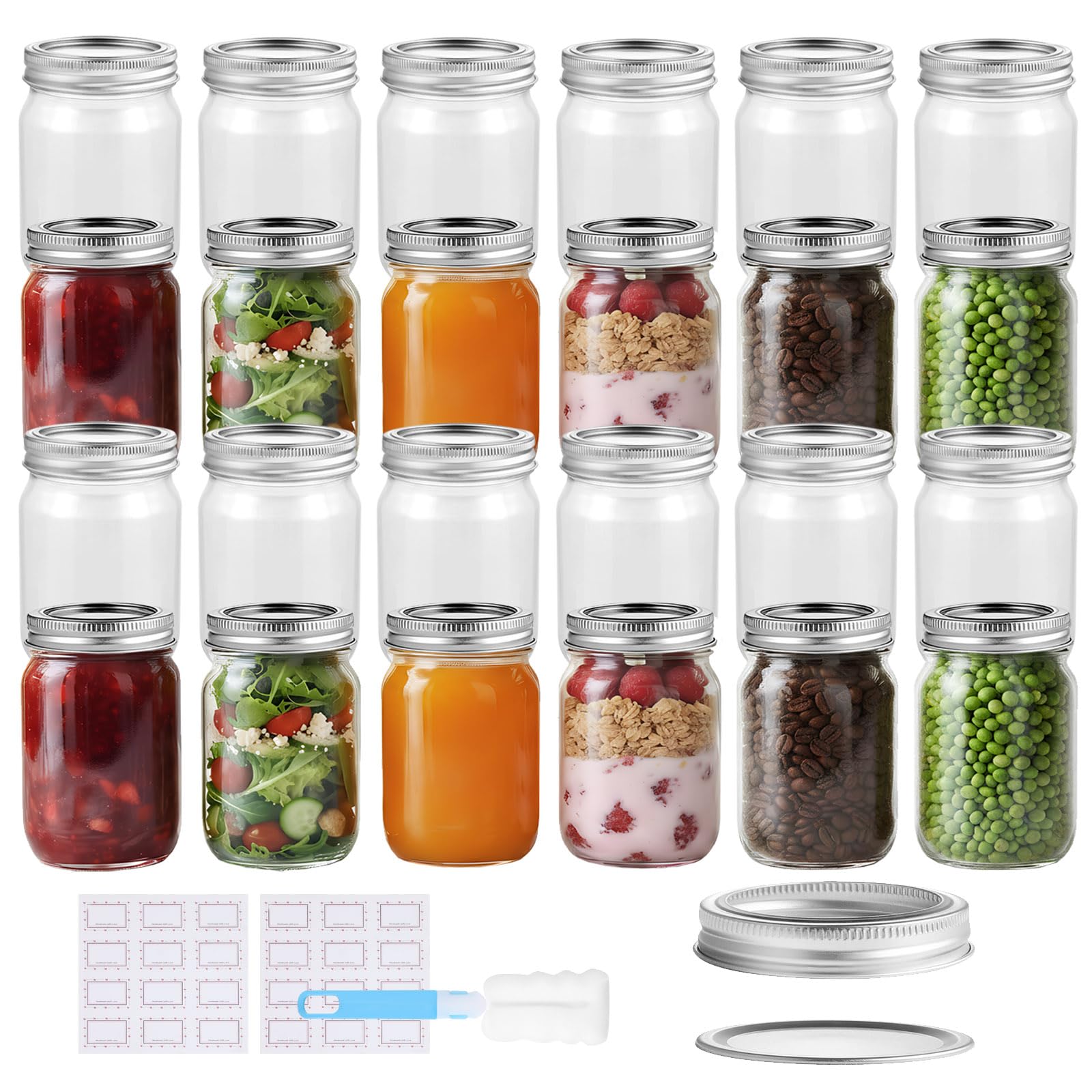Glass Mason Jars 24 Pack 350ml/12oz with Airtight Lids, Round Mouth Canning Jars, Clear Glass Jam Jars for Overnight Oats, Pickling, Food Storage, DIY Projects, with Cleaning Brush & Sticker Labels