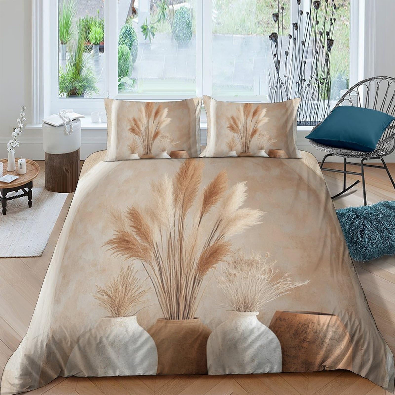 Ctjqhvkz Style-2 3D Printed Pampas Grass Fitted Sheet Microfiber Soft Neutral Vase Pattern Bed Sheet For Bedroom Guest Room Decor Single（135X200cm）